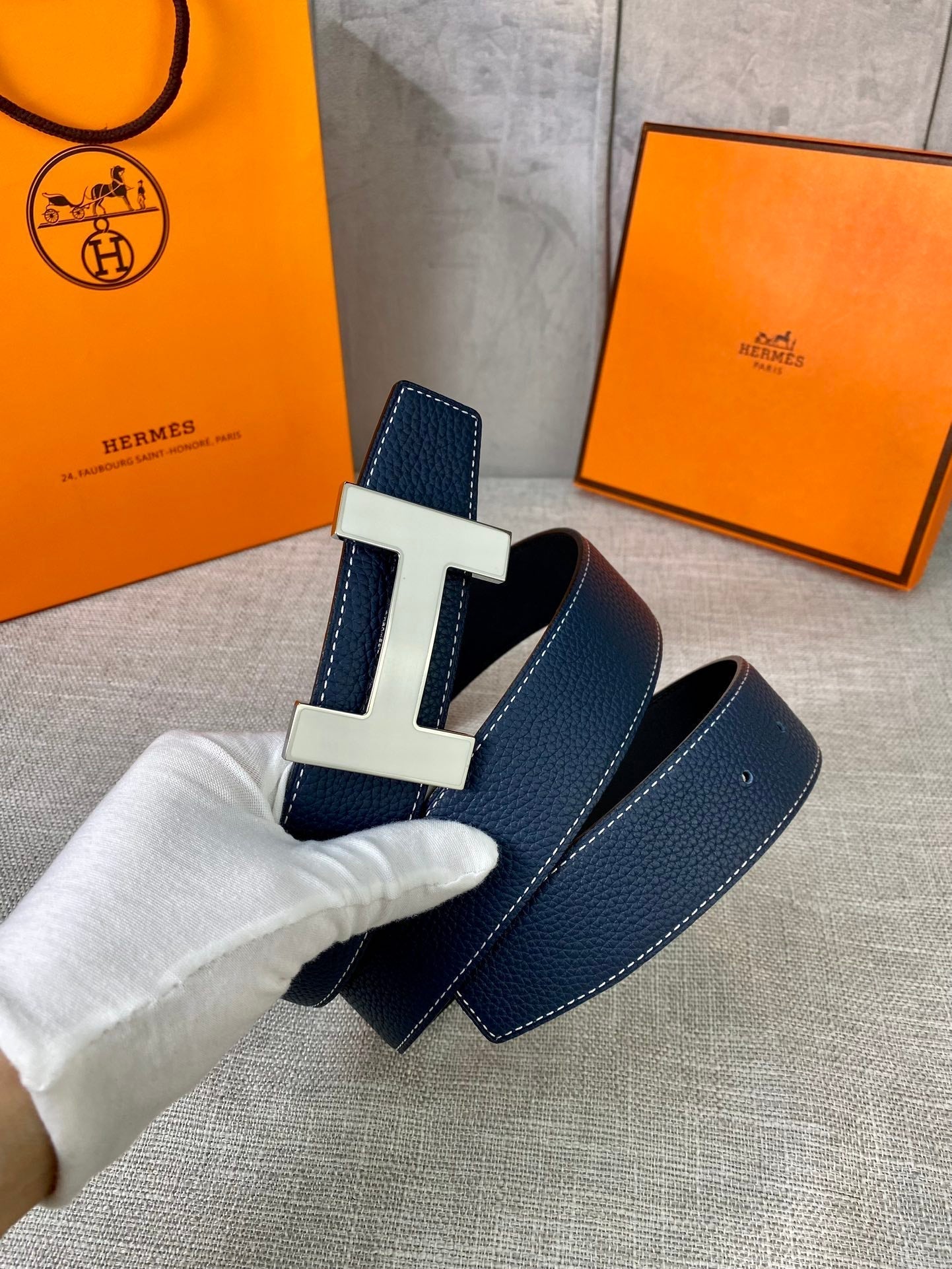 HELENE CONSTANCE REVERSIBLE LEATHER BELT — NAVY BLUE (SILVER HARDWARE, 38MM)