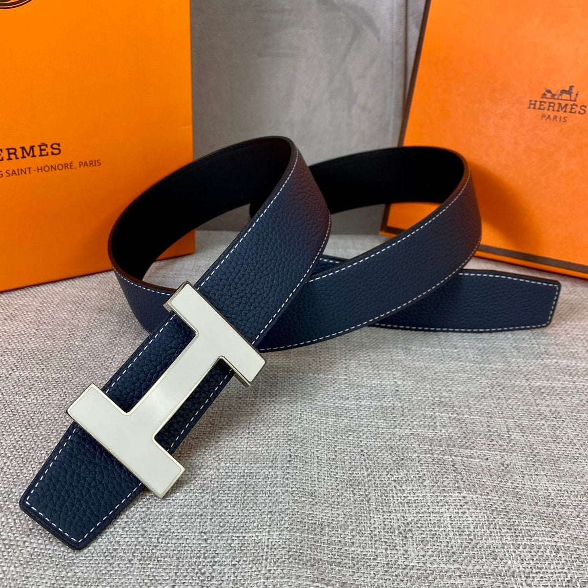 HELENE CONSTANCE REVERSIBLE LEATHER BELT — NAVY BLUE (SILVER HARDWARE, 38MM)