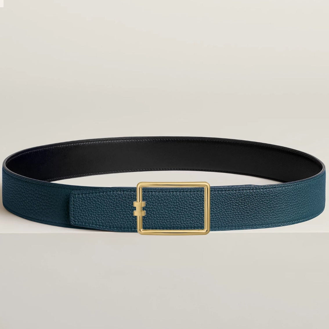 HELENE TUBE H REVERSIBLE LEATHER BELT — PRUSSIAN BLUE & BLACK (GOLD HARDWARE, 38MM)