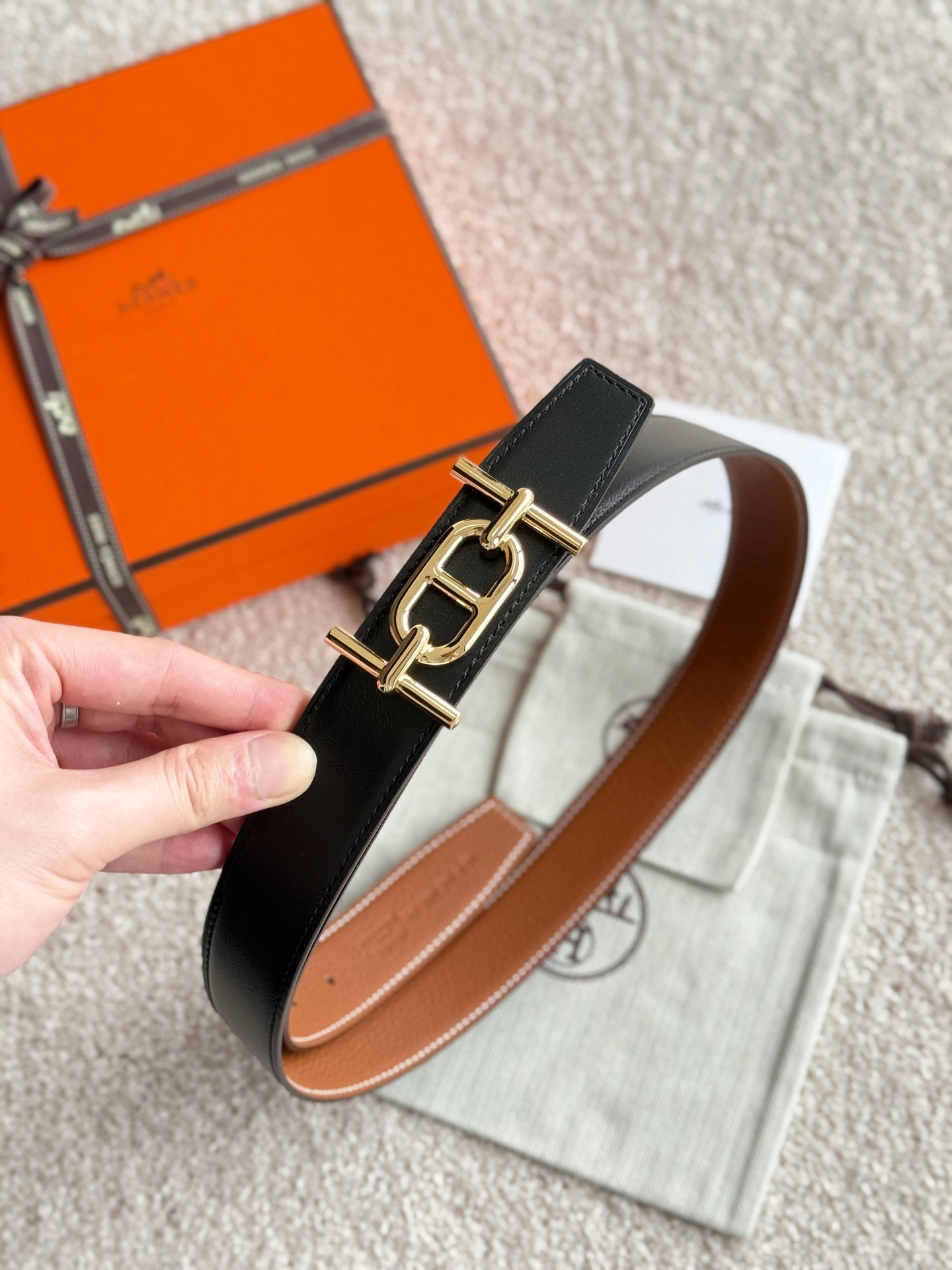 HELENE ANCRE LEATHER BELT — BROWN (GOLD HARDWARE, 32MM)