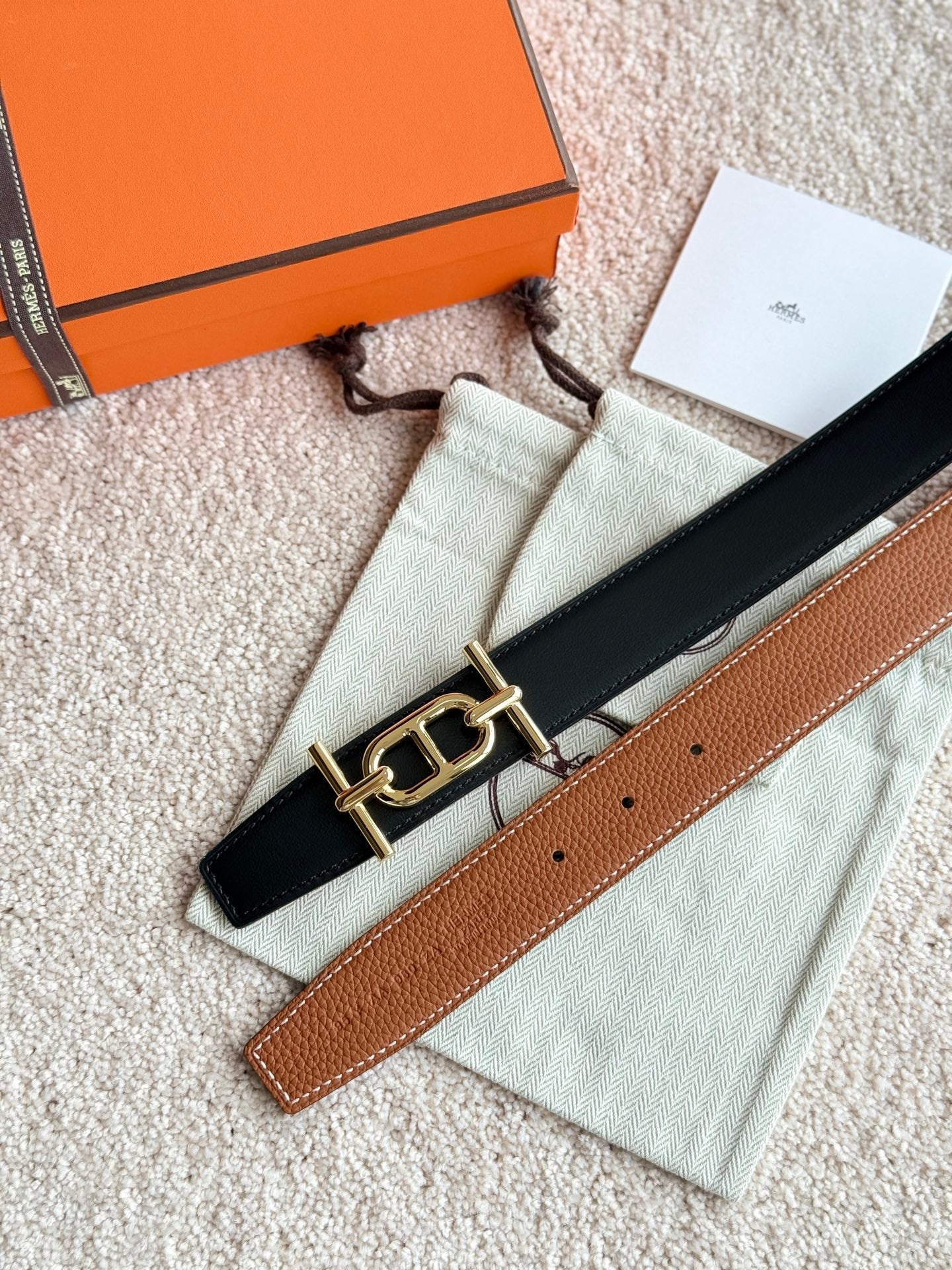 HELENE ANCRE LEATHER BELT — BROWN (GOLD HARDWARE, 32MM)