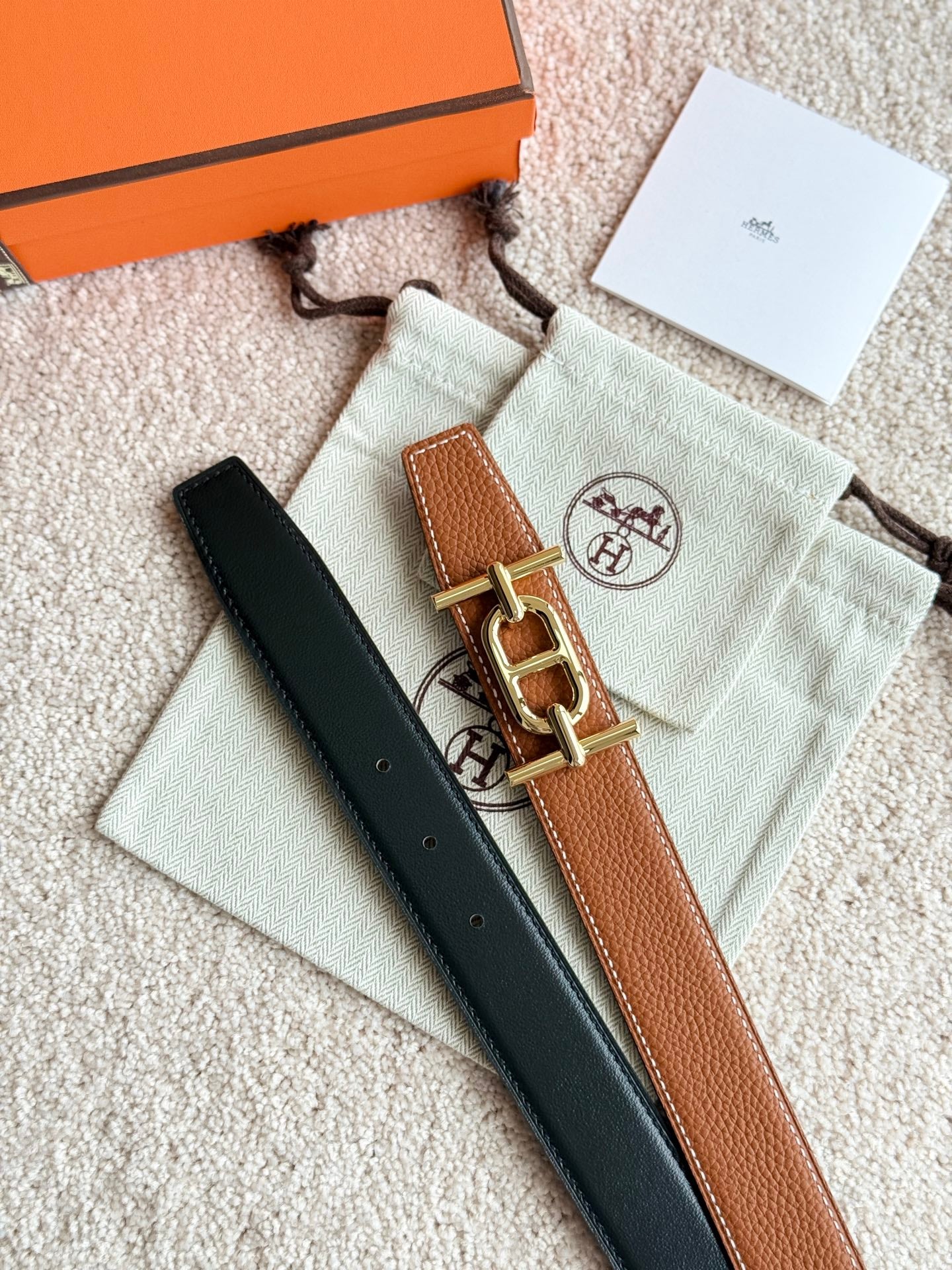 HELENE ANCRE LEATHER BELT — BROWN (GOLD HARDWARE, 32MM)