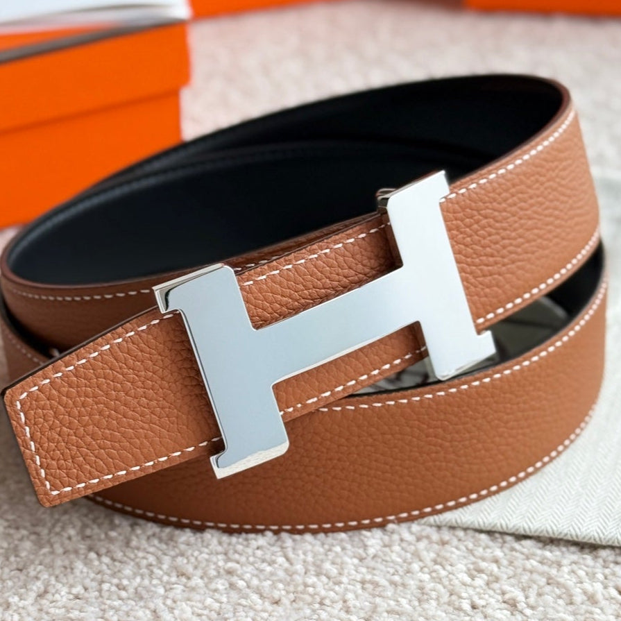 HELENE CONSTANCE REVERSIBLE LEATHER BELT — BROWN & BLACK (SILVER HARDWARE, 38MM)
