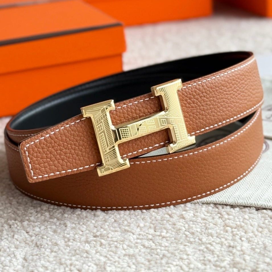 HELENE H FAUBOURG LEATHER BELT — BROWN (GOLD HARDWARE, 32MM)
