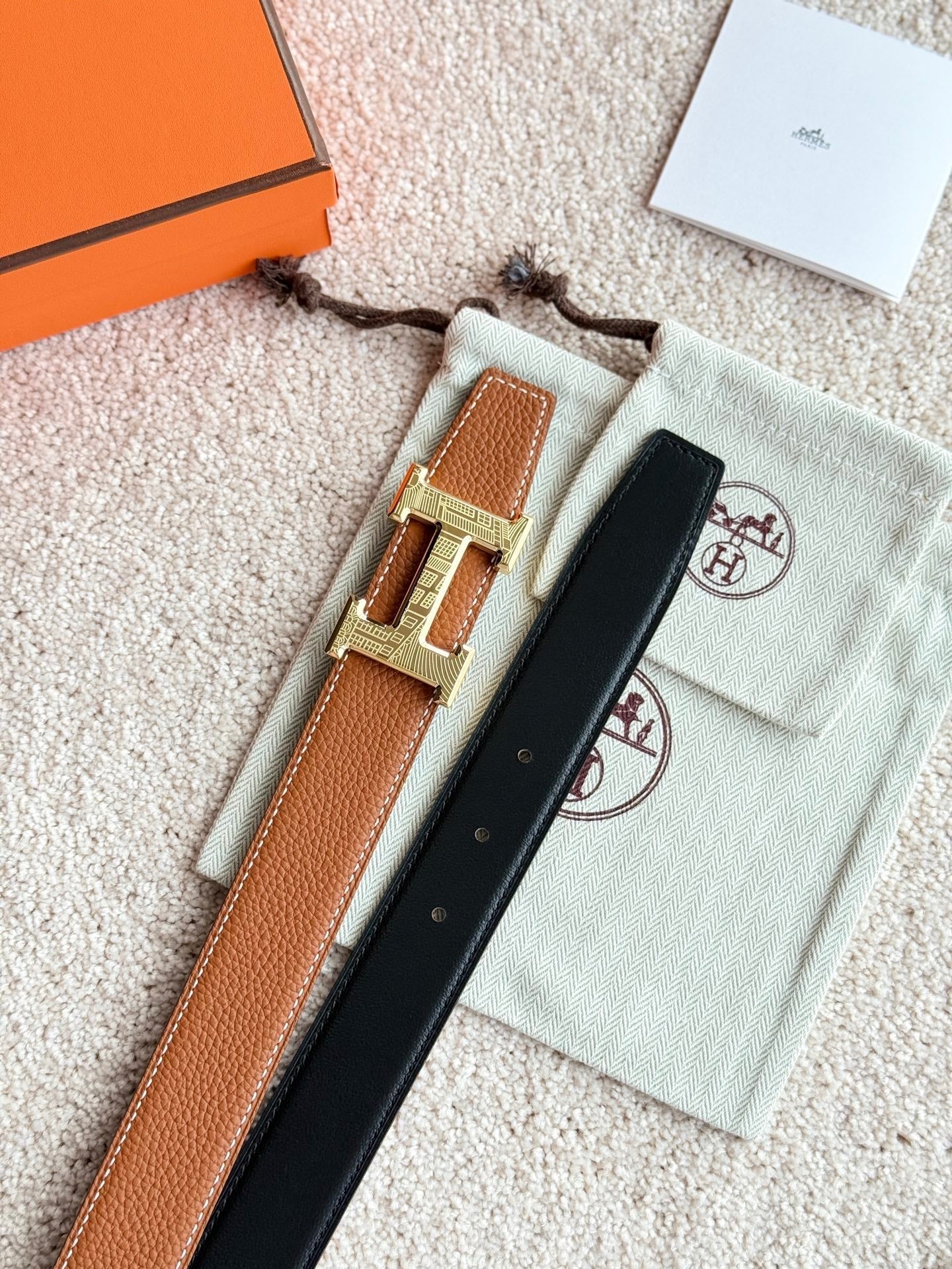 HELENE H FAUBOURG LEATHER BELT — BROWN (GOLD HARDWARE, 32MM)