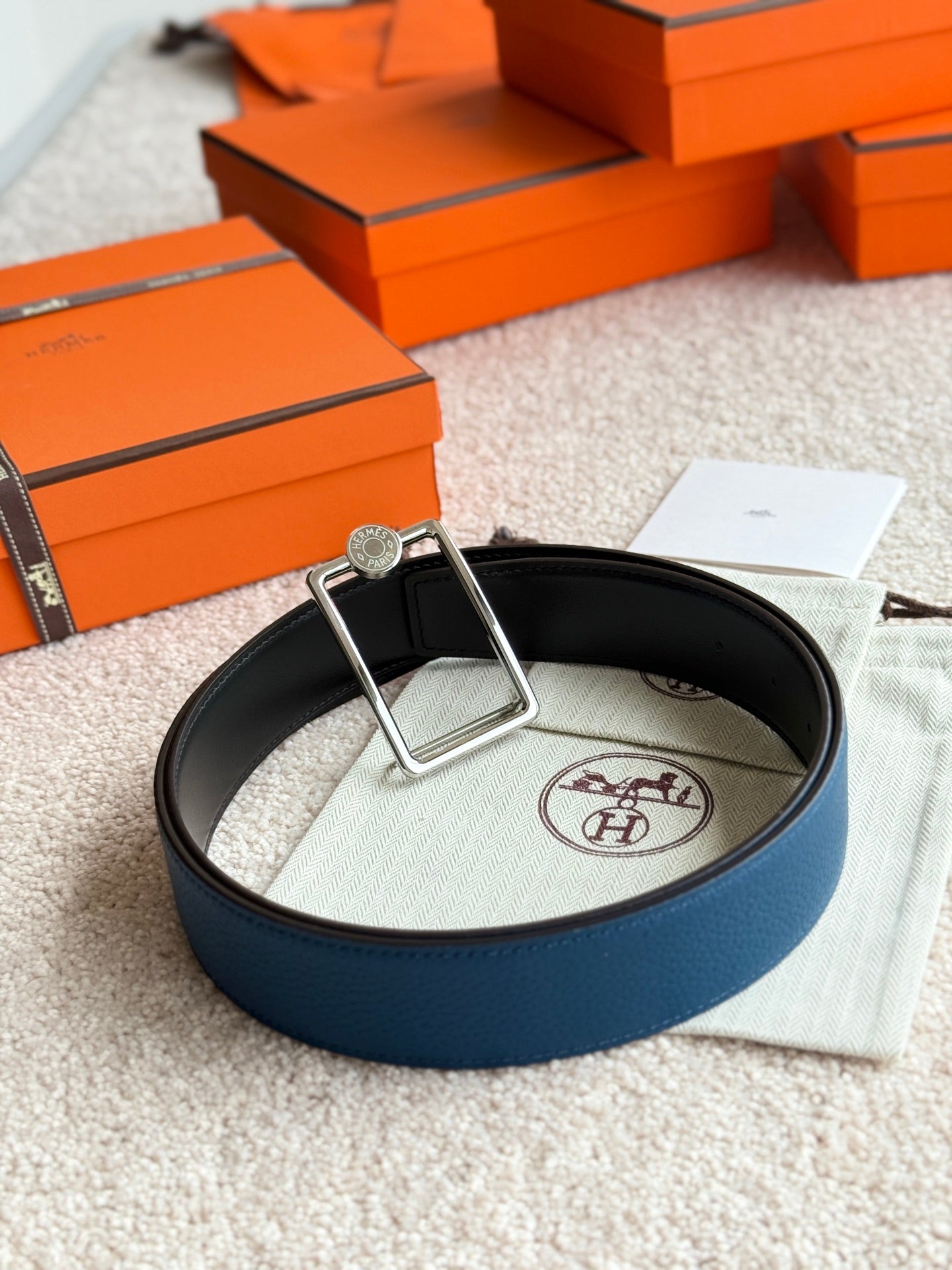 HELENE OSCAR LEATHER BELT — PRUSSIAN BLUE (SILVER HARDWARE, 38MM)