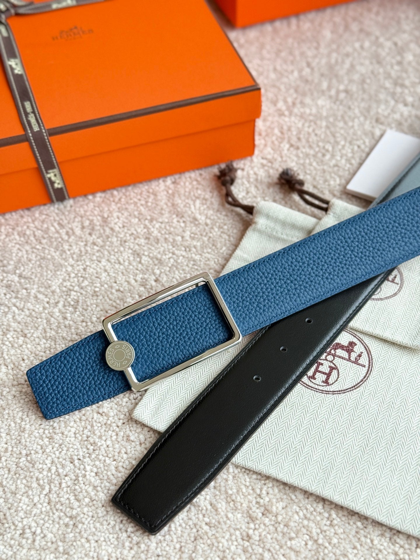 HELENE OSCAR LEATHER BELT — PRUSSIAN BLUE (SILVER HARDWARE, 38MM)