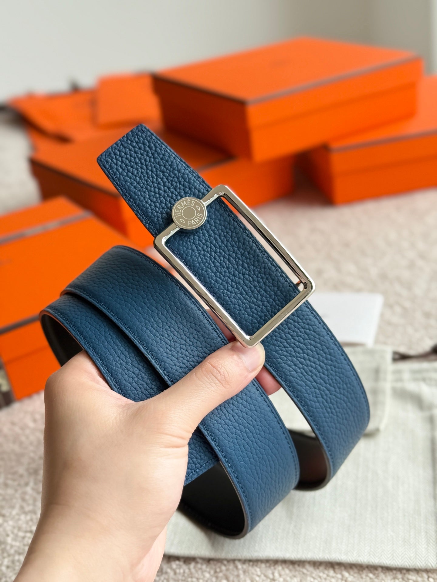 HELENE OSCAR LEATHER BELT — PRUSSIAN BLUE (SILVER HARDWARE, 38MM)