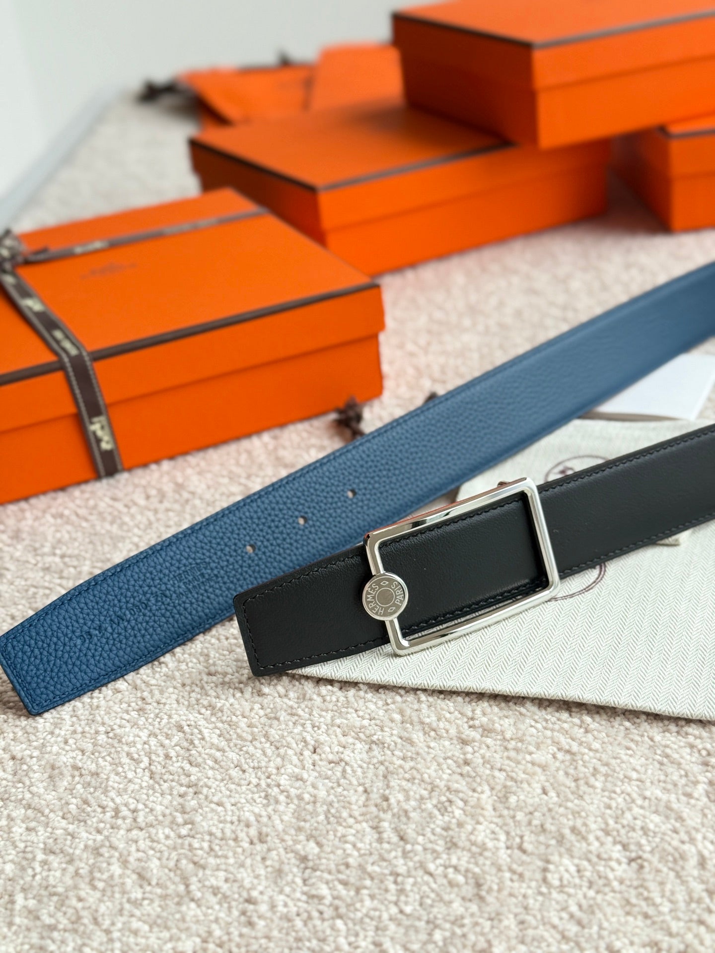 HELENE OSCAR LEATHER BELT — PRUSSIAN BLUE (SILVER HARDWARE, 38MM)