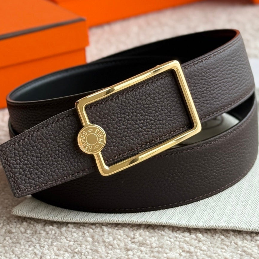 HELENE OSCAR REVERSIBLE LEATHER BELT — BLACK & CHOCOLATE (GOLD HARDWARE, 38MM)