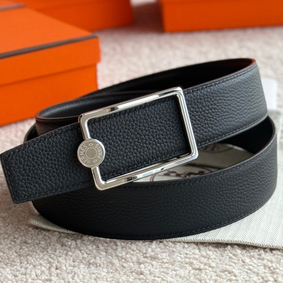 HELENE OSCAR LEATHER BELT — BLACK (SILVER HARDWARE, 38MM)