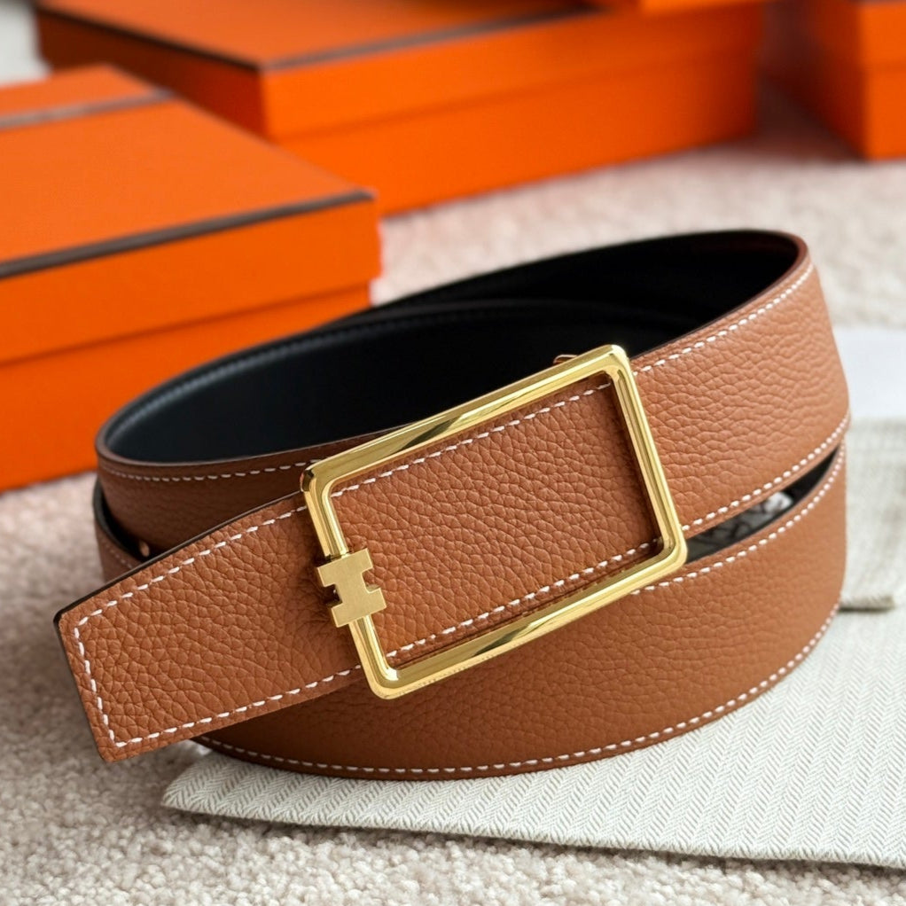 HELENE TUBE H LEATHER BELT — BROWN (GOLD HARDWARE, 38MM)