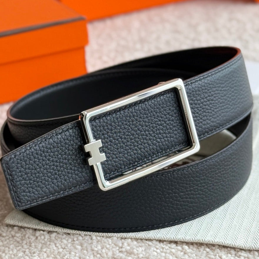 HELENE TUBE H LEATHER BELT — BLACK (SILVER HARDWARE, 38MM)