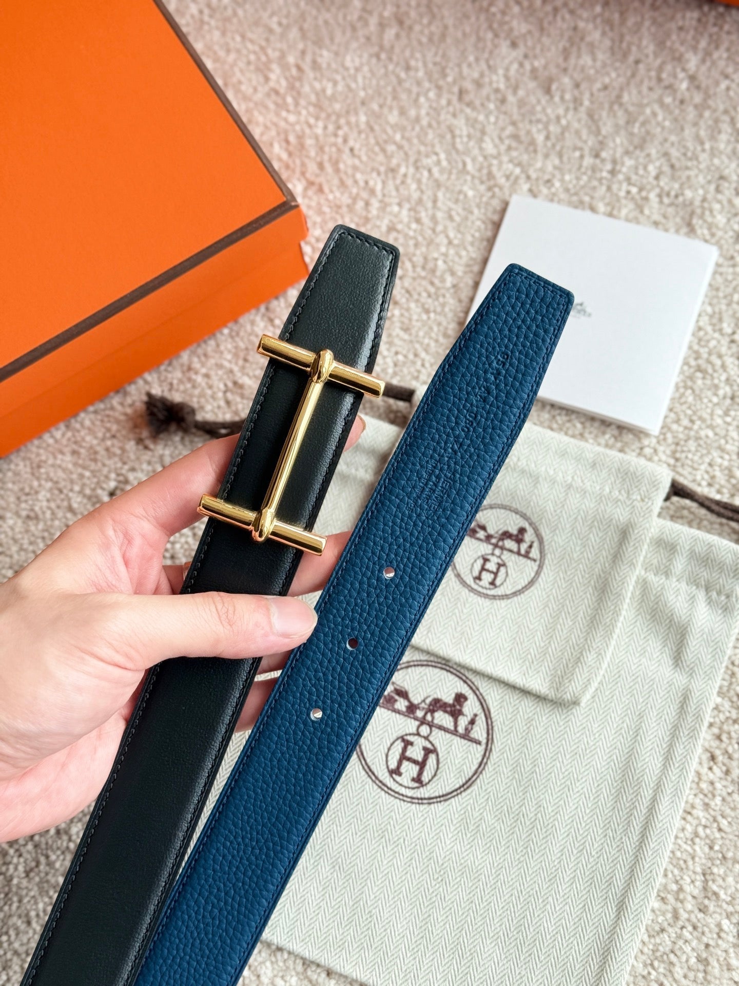 HELENE H D’ANCRE LEATHER BELT — PRUSSIAN BLUE (GOLD HARDWARE, 38MM)