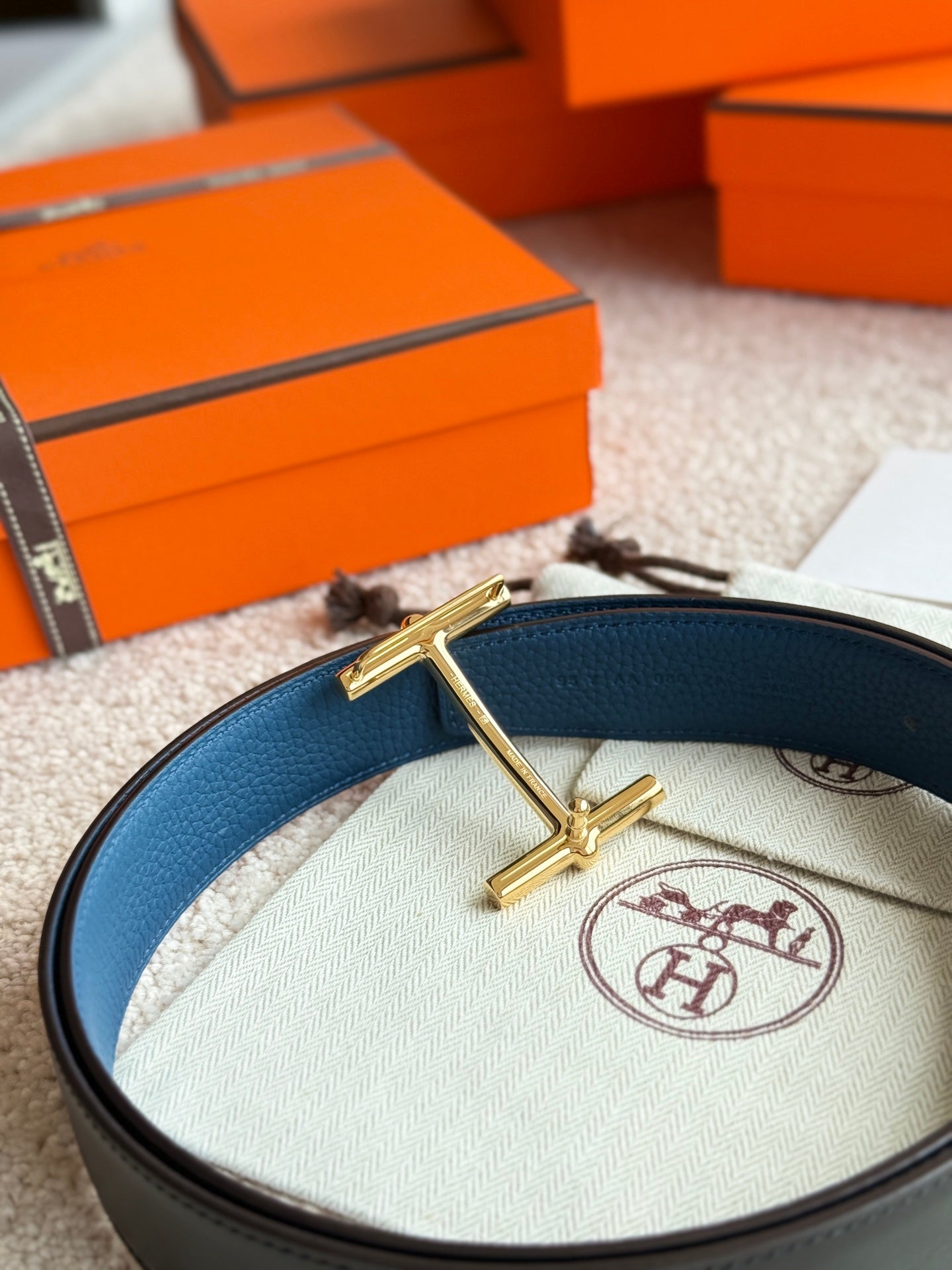 HELENE H D’ANCRE LEATHER BELT — PRUSSIAN BLUE (GOLD HARDWARE, 38MM)