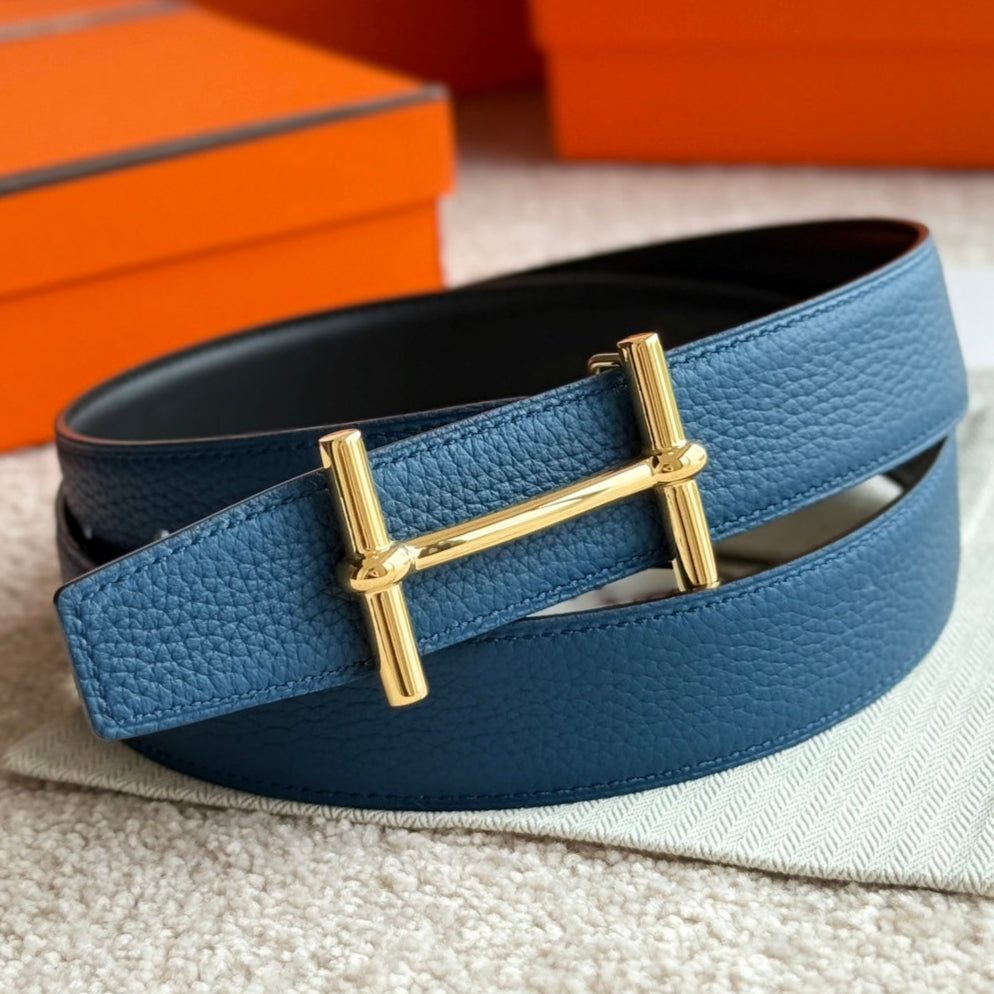 HELENE H D’ANCRE LEATHER BELT — PRUSSIAN BLUE (GOLD HARDWARE, 38MM)