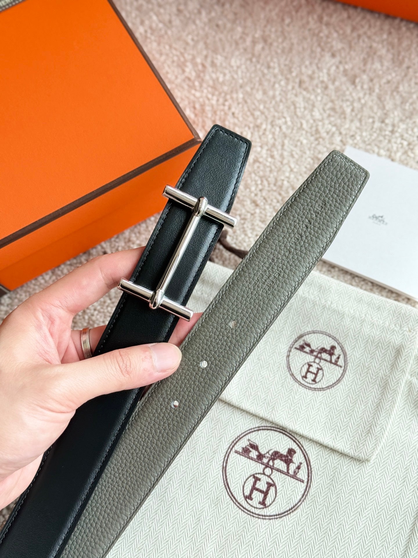 HELENE H D'ANCRE LEATHER BELT — MEYER GRAY (SILVER HARDWARE)