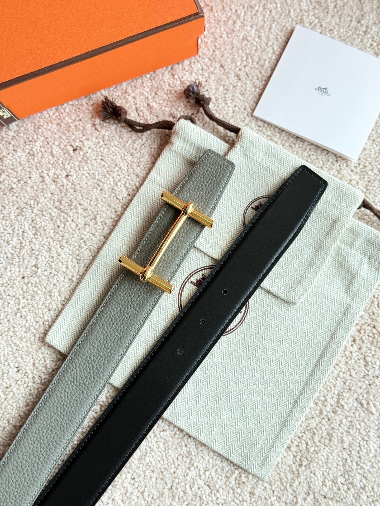 HELENE H D’ANCRE LEATHER BELT — MEYER GRAY (GOLD HARDWARE, 38MM)