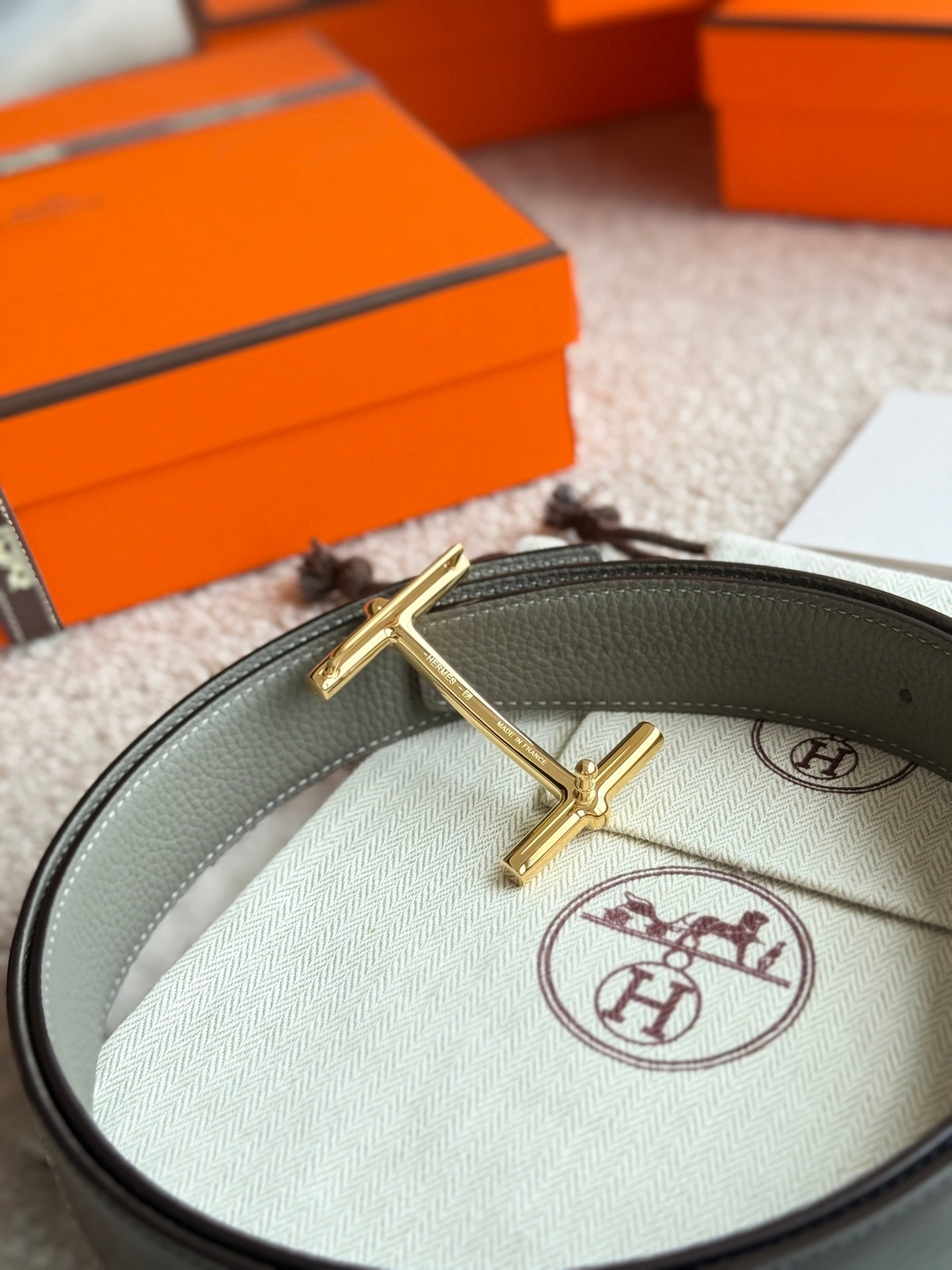 HELENE H D’ANCRE LEATHER BELT — MEYER GRAY (GOLD HARDWARE, 38MM)