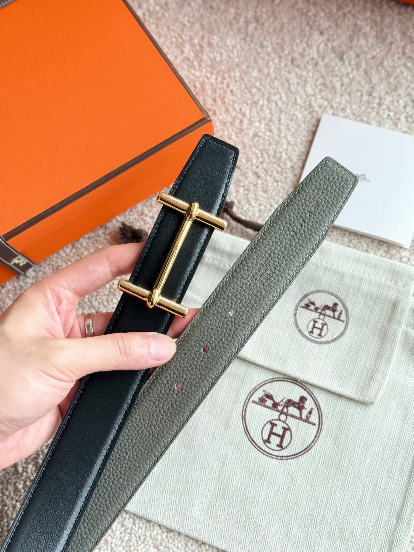 HELENE H D’ANCRE LEATHER BELT — MEYER GRAY (GOLD HARDWARE, 38MM)