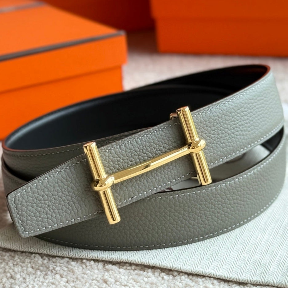HELENE H D’ANCRE LEATHER BELT — MEYER GRAY (GOLD HARDWARE, 38MM)