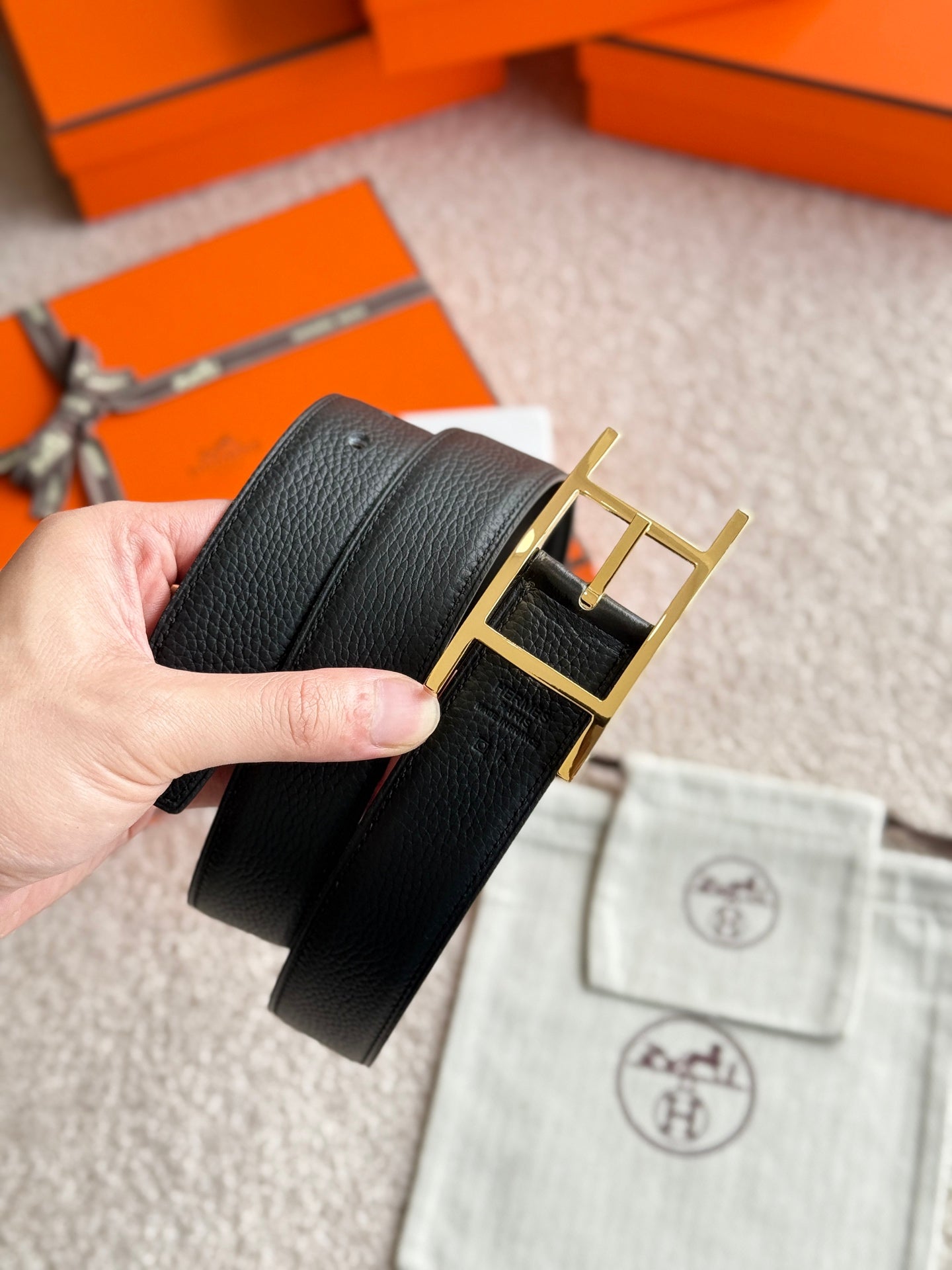 HELENE QUENTIN LEATHER BELT — BLACK (GOLD HARDWARE, 32MM)