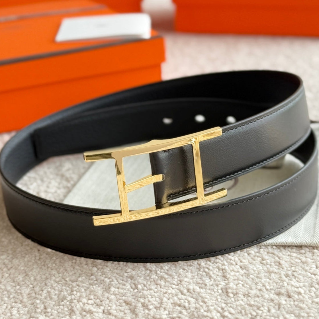 HELENE QUENTIN LEATHER BELT — BLACK (GOLD HARDWARE, 32MM)