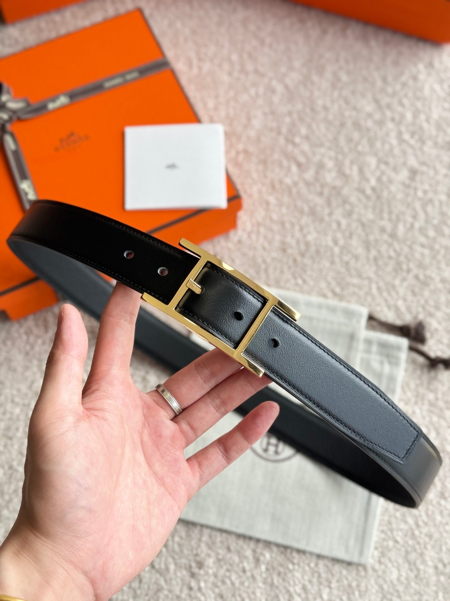 HELENE QUENTIN LEATHER BELT — BLACK (GOLD HARDWARE, 32MM)