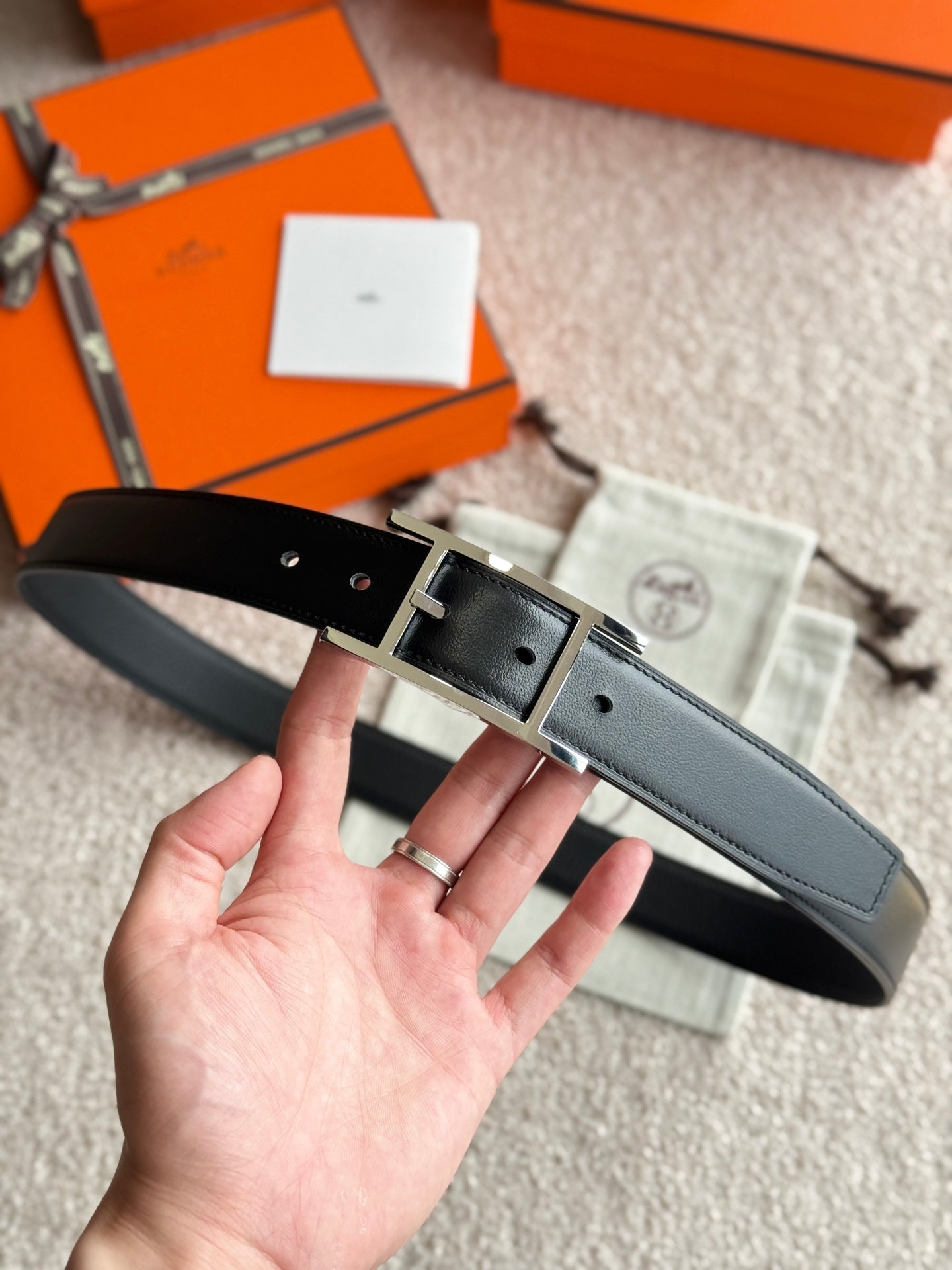 HELENE QUENTIN LEATHER BELT — BLACK (SILVER HARDWARE, 32MM)