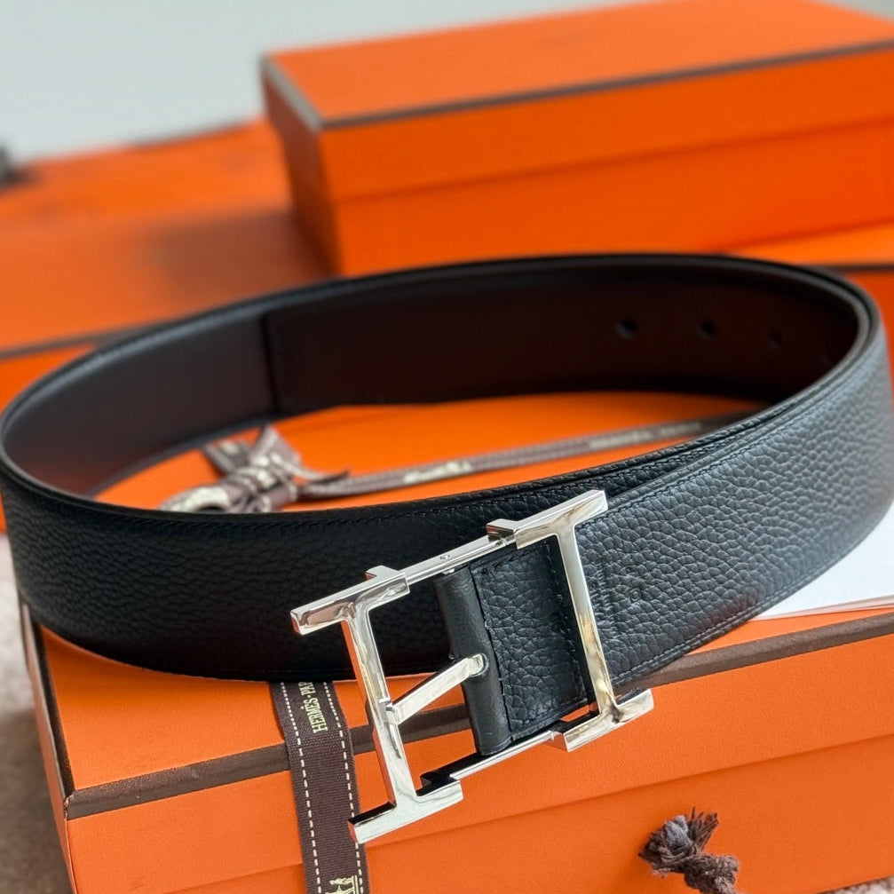 HELENE HADRIEN REVERSIBLE LEATHER BELT — BLACK (SILVER HARDWARE, 38MM)