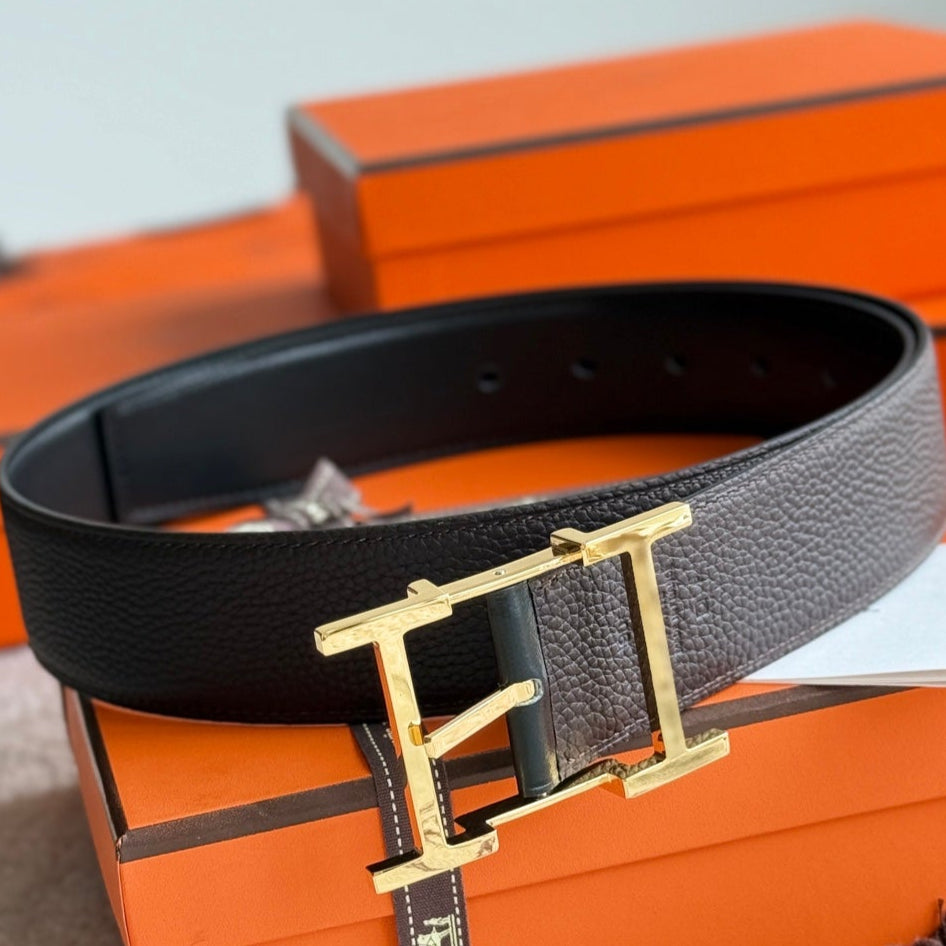 HELENE HADRIEN REVERSIBLE LEATHER BELT — BLACK & CHOCOLATE (GOLD HARDWARE, 38MM)
