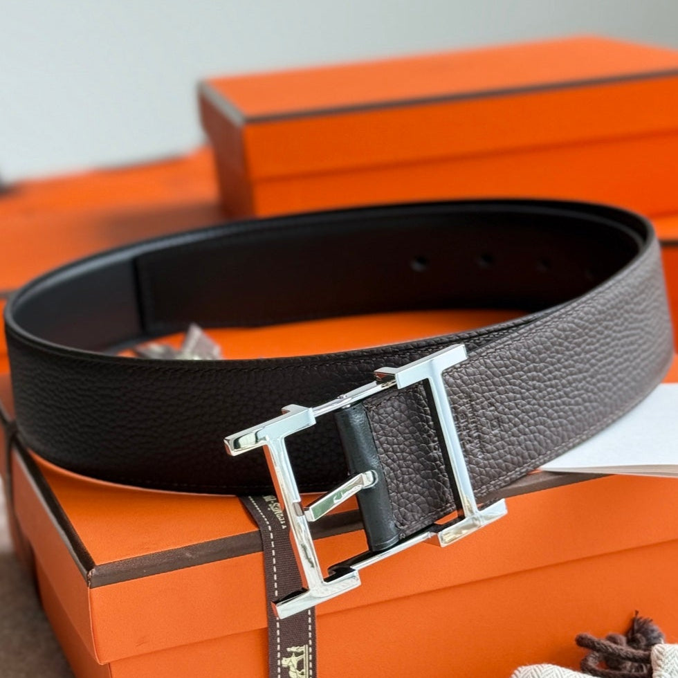 HELENE HADRIEN REVERSIBLE LEATHER BELT — BLACK & CHOCOLATE (SILVER HARDWARE, 38MM)