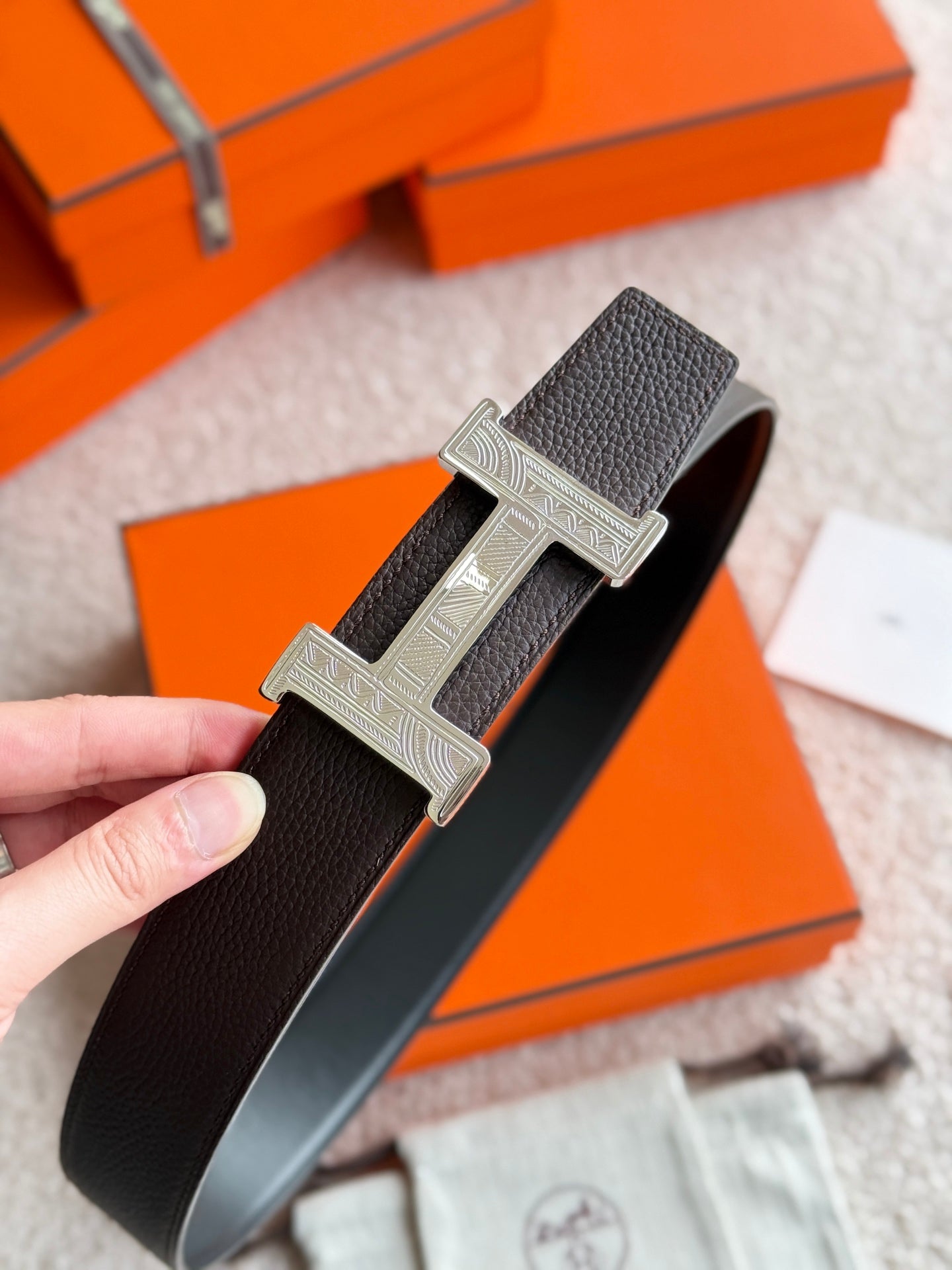 HELENE CONSTANCE TOUAREG LEATHER BELT — BLACK & EBONY (SILVER HARDWARE, 38MM)