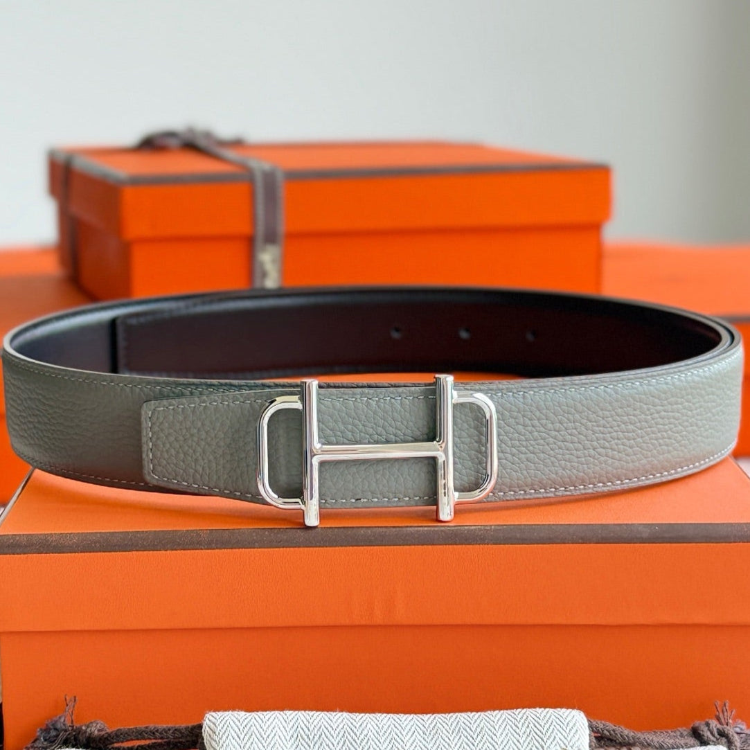 HELENE ROYAL LEATHER BELT — GRAY & BROWN (SILVER HARDWARE, 32MM)