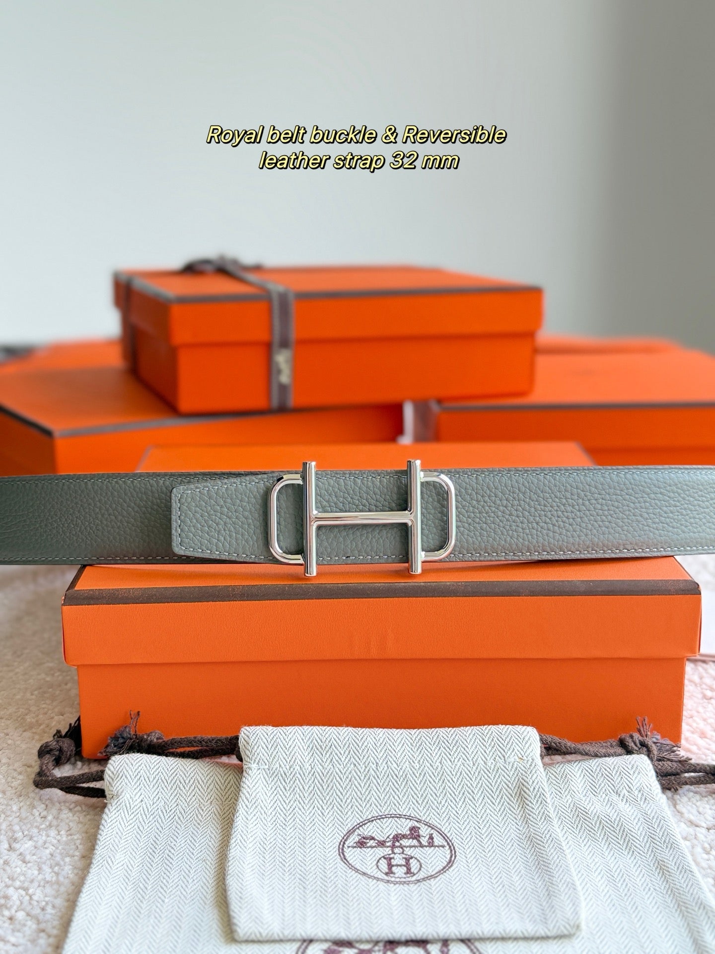 HELENE ROYAL LEATHER BELT — GRAY & BROWN (SILVER HARDWARE, 32MM)