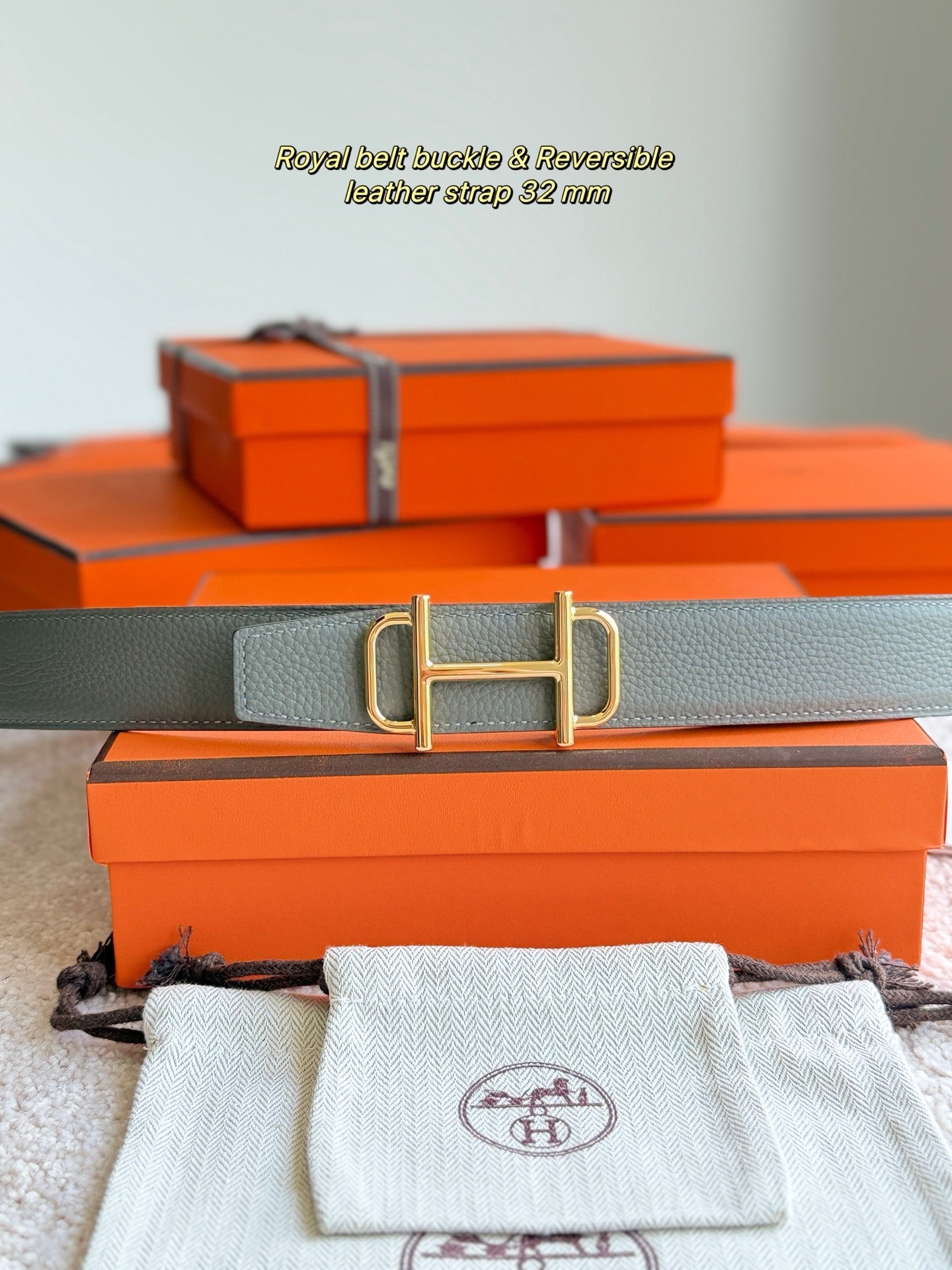 HELENE ROYAL LEATHER BELT — GRAY & BROWN (GOLD HARDWARE, 32MM)