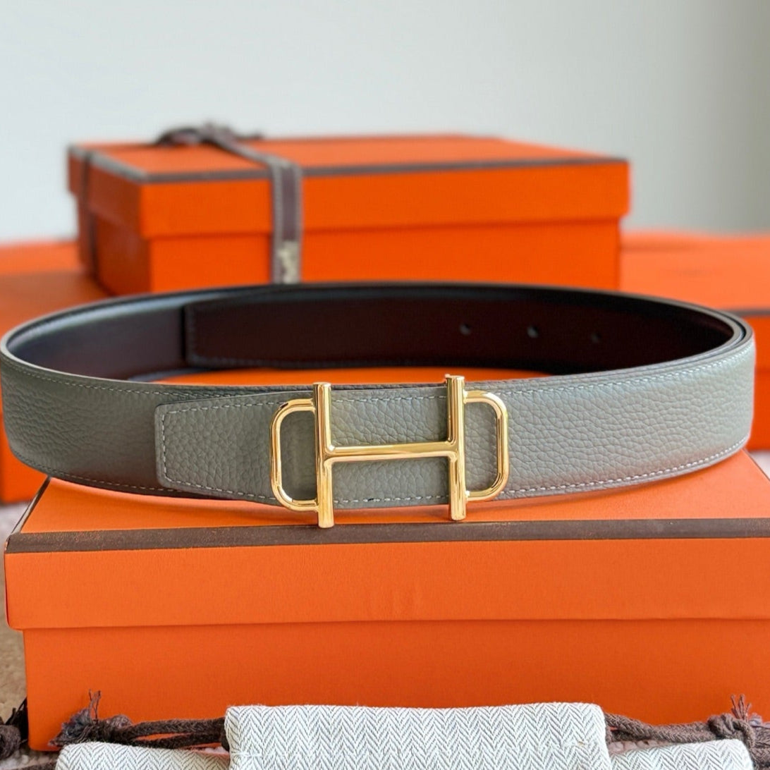 HELENE ROYAL LEATHER BELT — GRAY & BROWN (GOLD HARDWARE, 32MM)