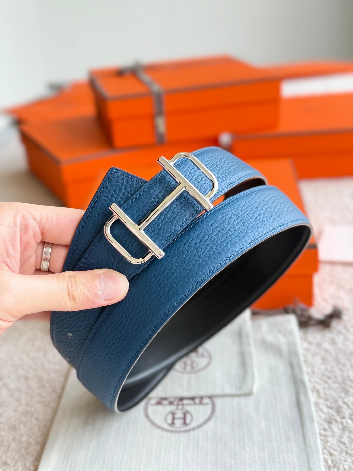 HELENE ROYAL LEATHER BELT — PRUSSIAN BLUE (SILVER HARDWARE, 32MM)