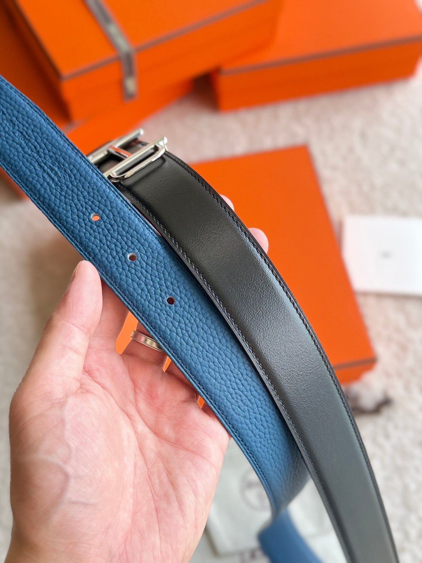 HELENE ROYAL LEATHER BELT — PRUSSIAN BLUE (SILVER HARDWARE, 32MM)