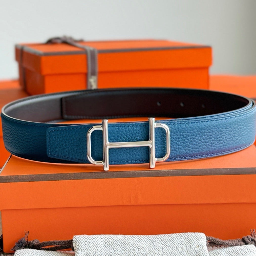 HELENE ROYAL LEATHER BELT — PRUSSIAN BLUE (SILVER HARDWARE, 32MM)