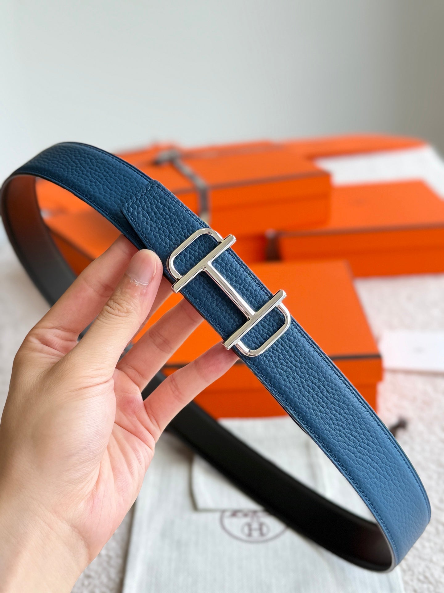 HELENE ROYAL LEATHER BELT — PRUSSIAN BLUE (SILVER HARDWARE, 32MM)