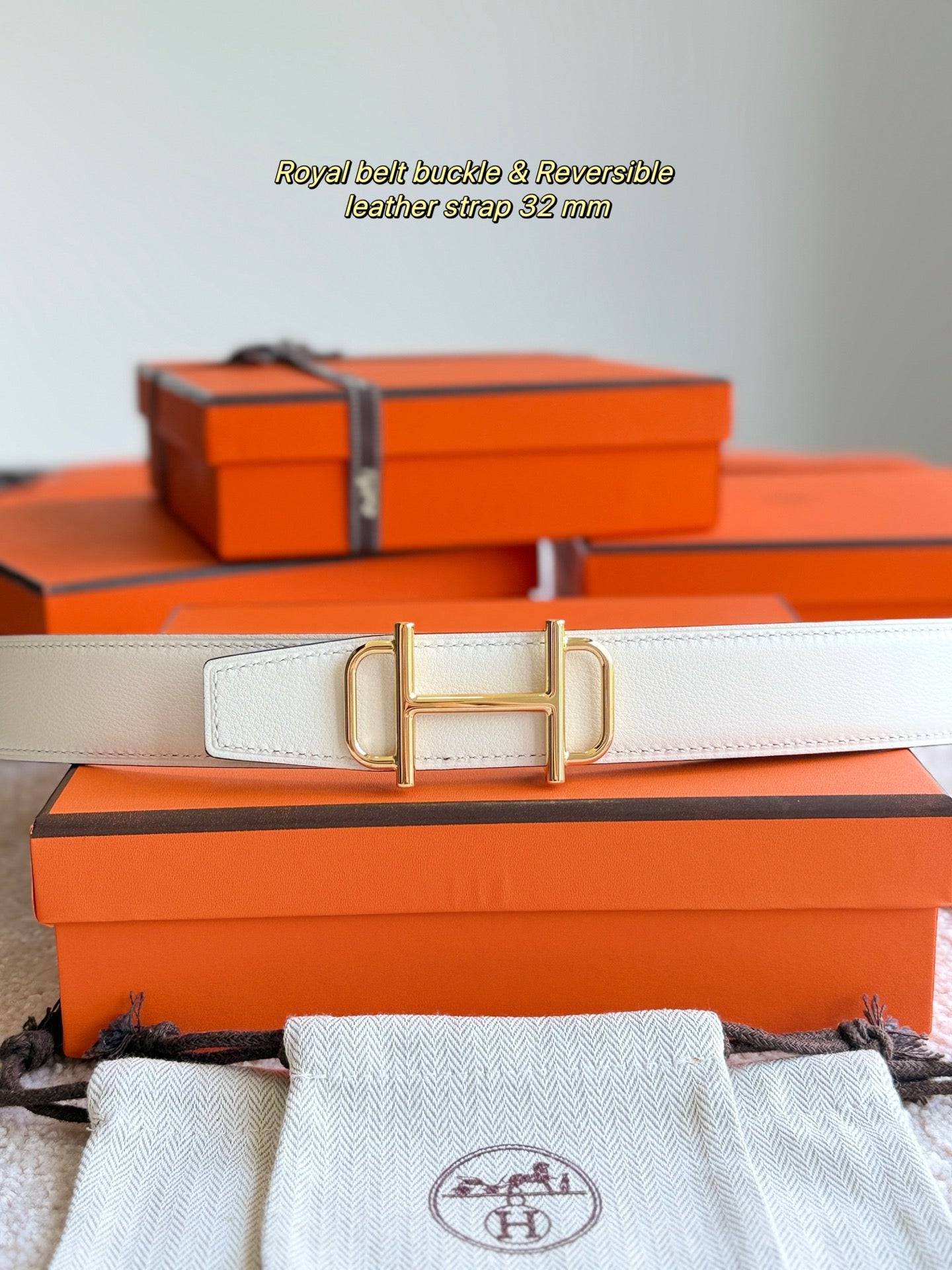 HELENE ROYAL LEATHER BELT — IVORY (GOLD HARDWARE, 32MM)