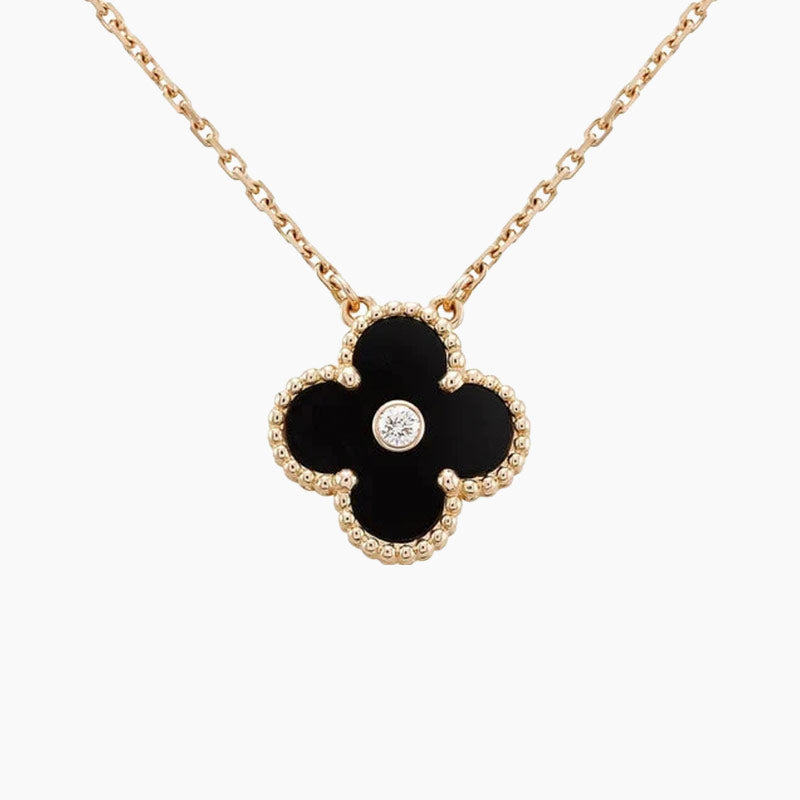 CLOVER 15MM DIAMOND ONYX NECKLACE