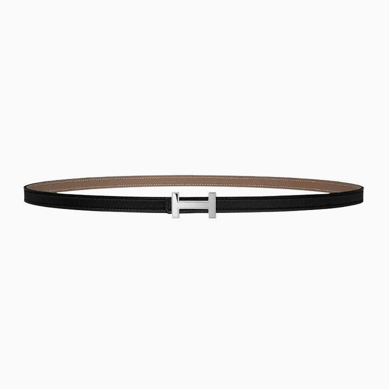 HELENE FOCUS REVERSIBLE LEATHER BELT — KHAKI BROWN & BLACK (SILVER HARDWARE)
