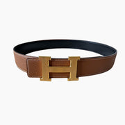 HELENE CONSTANCE REVERSIBLE LEATHER BELT — BRONZE BROWN (GOLD HARDWARE, 38MM)