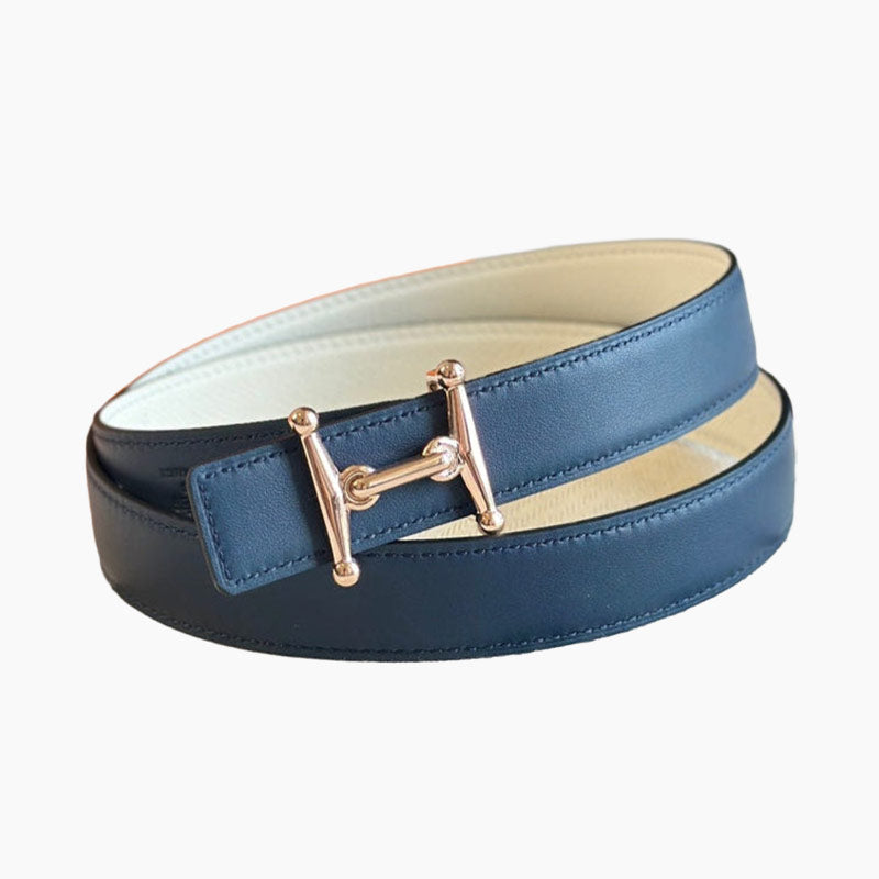 HELENE MORS H REVERSIBLE LEATHER BELT — BLUE & BEIGE (PINK GOLD HARDWARE, 24MM)