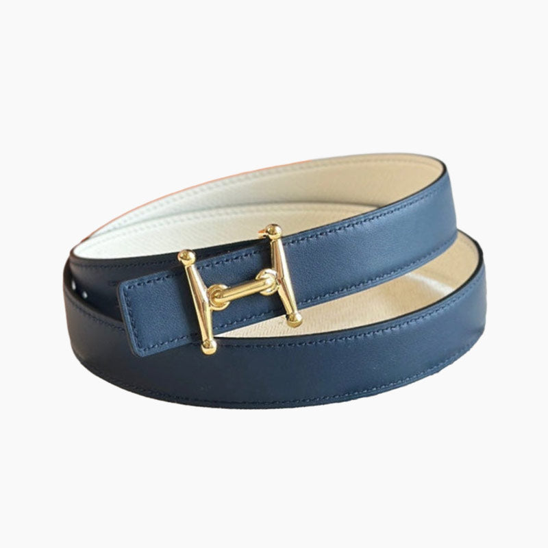 HELENE MORS H REVERSIBLE LEATHER BELT — BLUE & BEIGE (GOLD HARDWARE, 24MM)