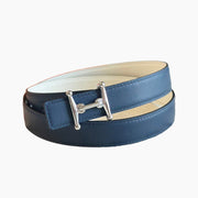 HELENE MORS H REVERSIBLE LEATHER BELT — BLUE & BEIGE (SILVER HARDWARE, 24MM)