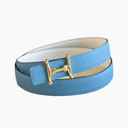 HELENE MORS H REVERSIBLE LEATHER BELT — BLUE & WHITE (GOLD HARDWARE, 24MM)