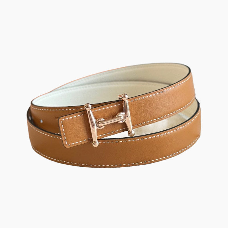 HELENE MORS H REVERSIBLE LEATHER BELT — BROWN & WHITE (PINK GOLD HARDWARE, 24MM)